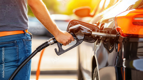 man hand holding a gas pump nozzle and filling up a car at the station is using a fuel benzin