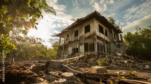 A ruined house sits amidst rubble and overgrown trees.