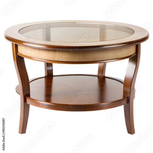 Elegant round coffee table with a glass top and wooden base, isolated on transparent or white background.