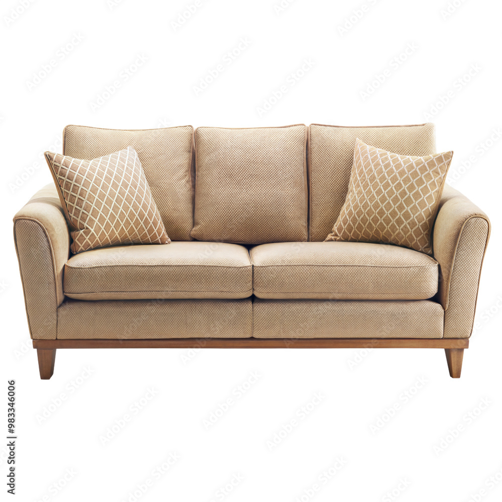 A cozy beige couch with decorative pillows, featuring a textured fabric and a natural wood base, perfect for modern living spaces. A cozy beige couch with decorative pillows, featuring a textured fabric and a natural wood base, perfect for modern living spaces.
