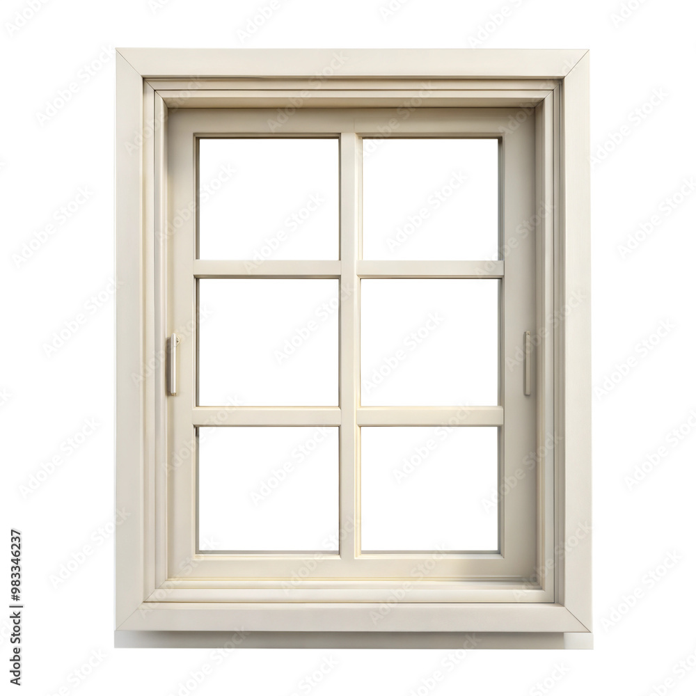 A simple, modern window with six panes and a light-colored frame against a dark background. A simple, modern window with six panes and a light-colored frame against a dark background.