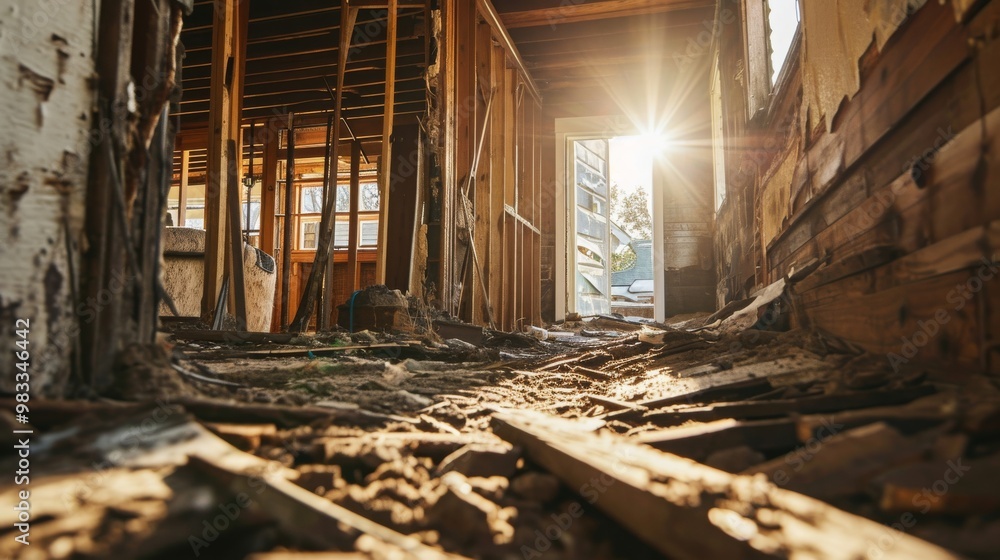 A house interior is in ruins after a disaster, with debris scattered on the floor and sunlight streaming through a broken window. A house interior is in ruins after a disaster, with debris scattered on the floor and sunlight streaming through a broken window.