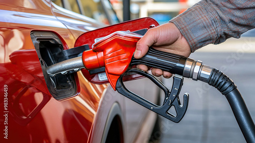 man hand holding a gas pump nozzle and filling up a car at the station is using a fuel benzin photo