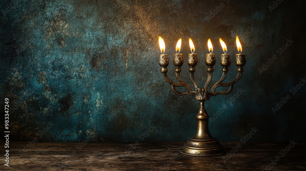 A Lit Menorah on a Wooden Surface with a Blue Background A Lit Menorah on a Wooden Surface with a Blue Background