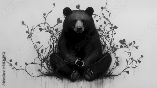 A charcoal drawing of an asian black bear wearing a smartwatch sitting amidst bleeding heart vines. Charcoal Drawing. Illustration photo