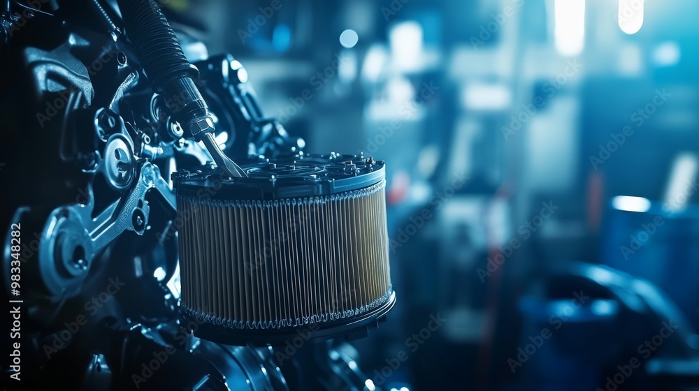 Close-up view of an automotive engine with a focus on the air filter. High-quality engineering and mechanical components. Close-up view of an automotive engine with a focus on the air filter. High-quality engineering and mechanical components.
