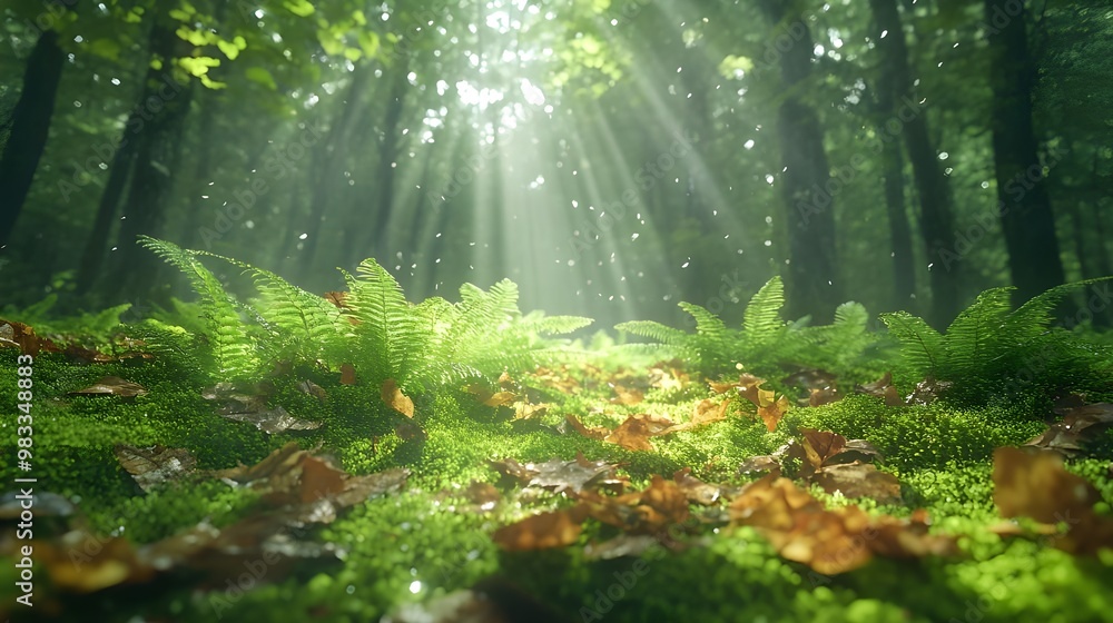 Obraz premium Enchanted forest bathed in sunlight streaming through trees