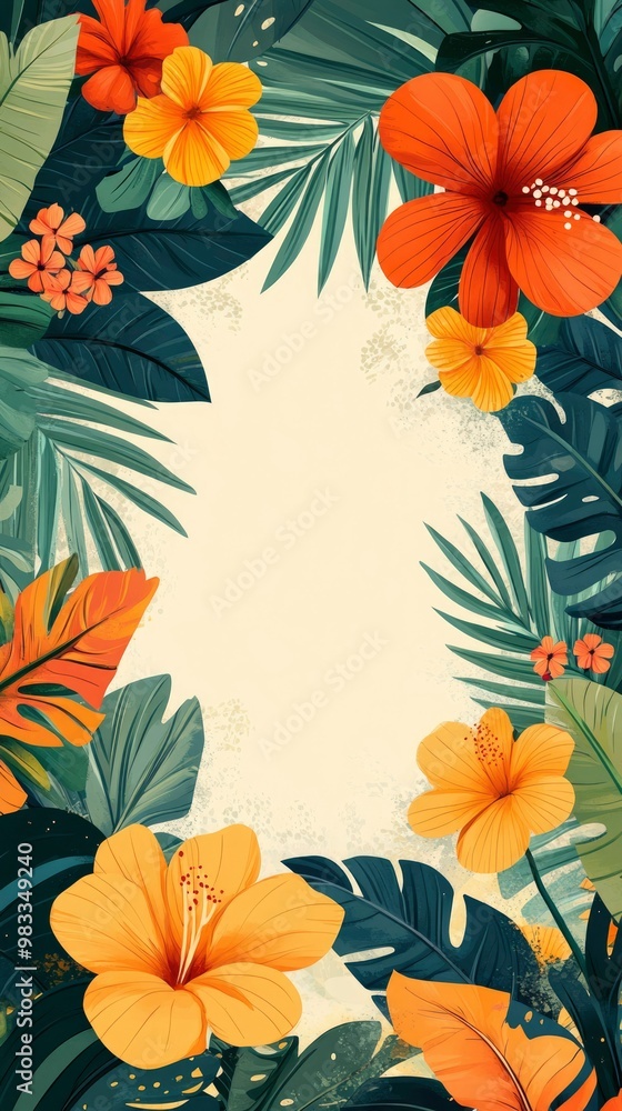 Tropical Floral Border with Yellow and Orange Flowers and Green Leaves Tropical Floral Border with Yellow and Orange Flowers and Green Leaves