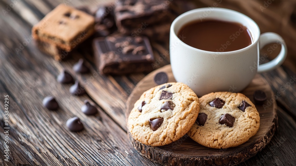 A wooden table displays chocolate-chip cookies and a cup filled with a hot beverage. A wooden table displays chocolate-chip cookies and a cup filled with a hot beverage.
