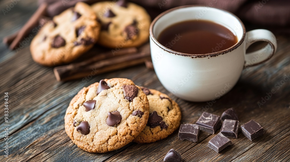 A wooden table displays chocolate-chip cookies and a cup filled with a hot beverage. A wooden table displays chocolate-chip cookies and a cup filled with a hot beverage.