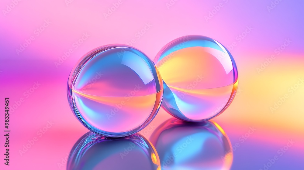 Two iridescent glass orbs on a pink and yellow gradient background. Two iridescent glass orbs on a pink and yellow gradient background.