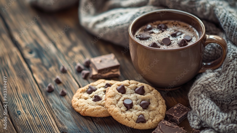A wooden table displays chocolate-chip cookies and a cup filled with a hot beverage. A wooden table displays chocolate-chip cookies and a cup filled with a hot beverage.