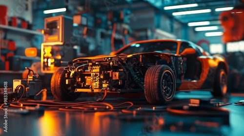 High-performance sports car undergoing maintenance in a well-equipped garage with various tools and components visible around. photo