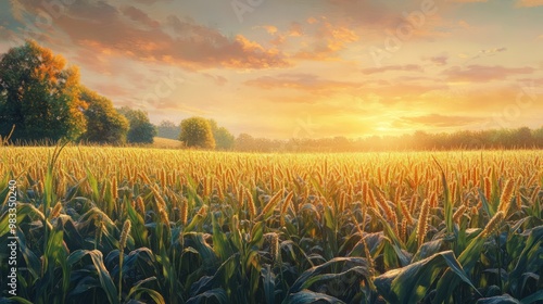 Golden Sunrise Over Lush Cornfield