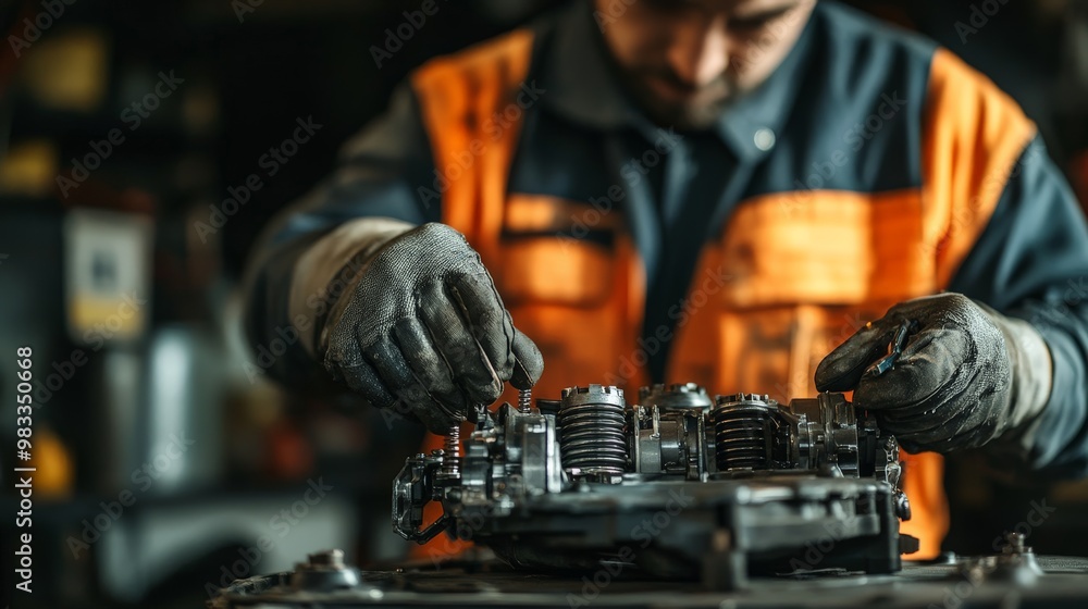 Mechanic in orange vest working on engine part in workshop, focusing on maintenance and repair with tools. Mechanic in orange vest working on engine part in workshop, focusing on maintenance and repair with tools.