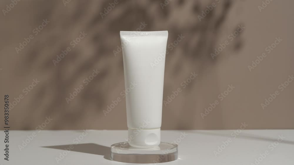 White mockup of a tube of body or face cream standing on a glass pedestal on a beige isolated background with a swaying shadow from a plant. Beauty products, skin care concept White mockup of a tube of body or face cream standing on a glass pedestal on a beige isolated background with a swaying shadow from a plant. Beauty products, skin care concept