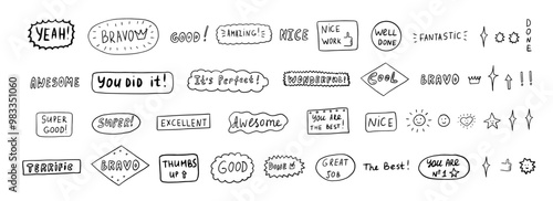 Large set of job and great job stickers. School reward, encouragement stamp. Studet icon. Elements of sport, business and school. First place, victory, achievment, award, winner. Doodle style