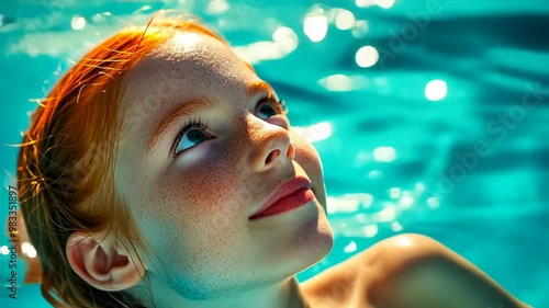 A young red-haired caucasian girl relishes a sunny day in the pool, her face beaming with joy. The clear blue water and sunlight enhance her happiness as she swims during the afternoon.