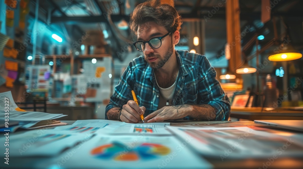A young man studies printed materials while sketching on a workspace filled with colorful charts in a creative environment.