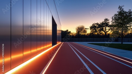 A minimalist jogging track bordered by sleek, reflective aluminum siding that illuminates the path with integrated LED lighting for safe evening activities