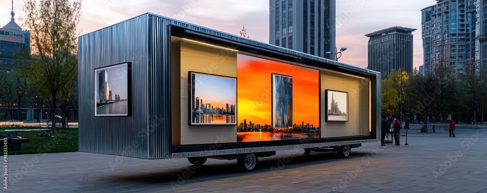 Obraz premium A mobile art exhibition framed in sleek aluminum siding, designed to travel across cities, showcasing digital and physical art in a contemporary setting