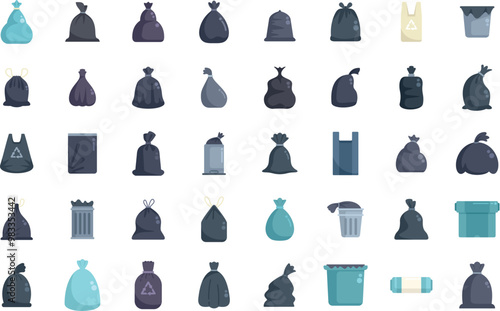 This is a large set of garbage bags and trash bins being full of trash icons set