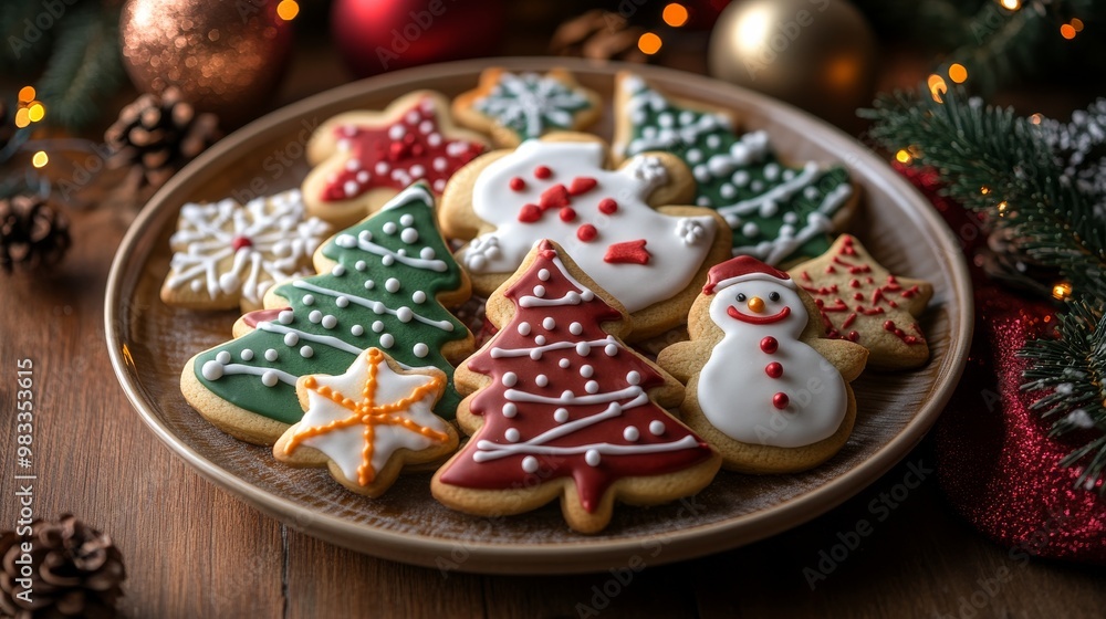 Obraz premium Brown plate with various homemade Christmas cookies in the shape of snowmen, Christmas trees, stars on festive wooden background with New Year decorations, sweet traditional treat for holiday.