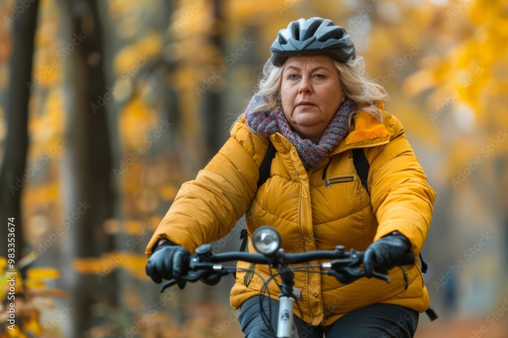 Middle aged overweight woman in yellow jacket and helmet biking in beautiful autumn park, health, active lifestyle and good mood, biking in fall landscape forest. Middle aged overweight woman in yellow jacket and helmet biking in beautiful autumn park, health, active lifestyle and good mood, biking in fall landscape forest.