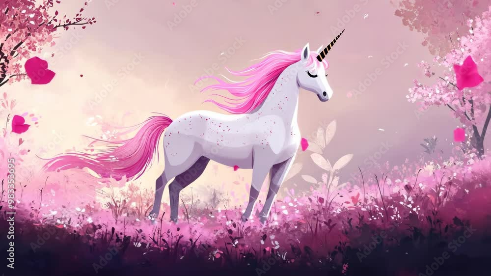 A majestic unicorn stands gracefully amidst a vibrant pink floral landscape at sunrise, capturing the beauty of nature A majestic unicorn stands gracefully amidst a vibrant pink floral landscape at sunrise, capturing the beauty of nature
