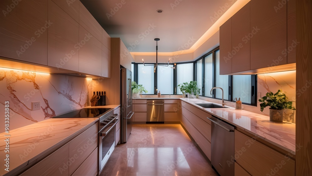 A Sleek and Modern Kitchen With Warm Lighting and Elegant Marble Countertops in a Stylish Vacation Home. Generative AI A Sleek and Modern Kitchen With Warm Lighting and Elegant Marble Countertops in a Stylish Vacation Home. Generative AI