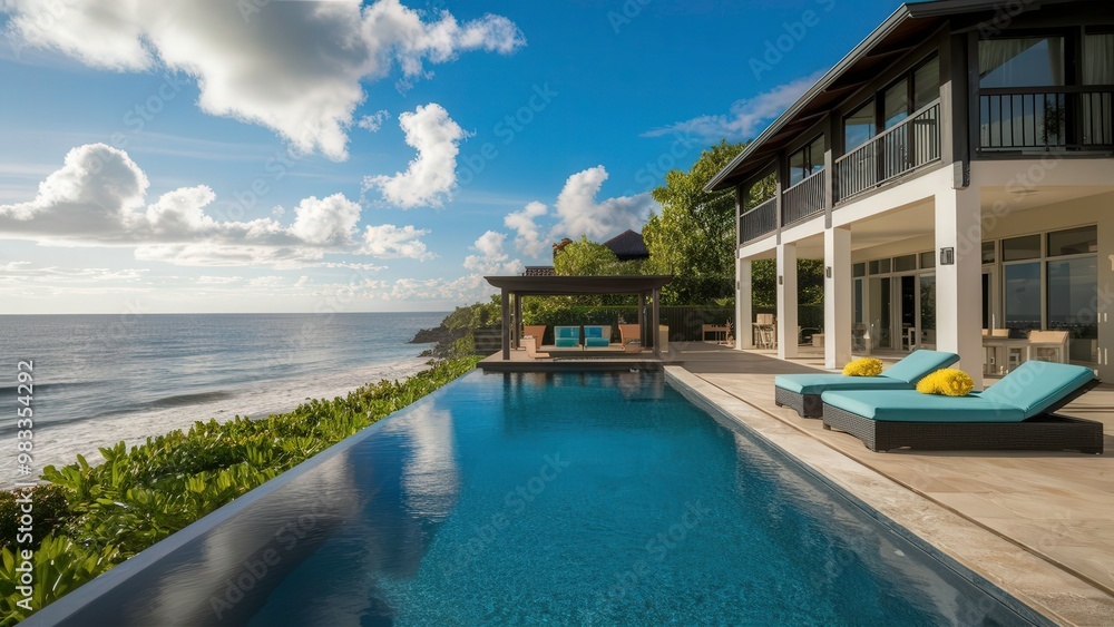 Fototapeta premium Experience Luxury at This Beachfront Villa Rental With an Infinity Pool and Breathtaking Ocean Views. Generative AI
