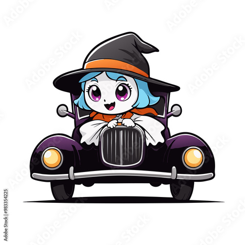  halloween graphics cute ghost in vintage old car photo