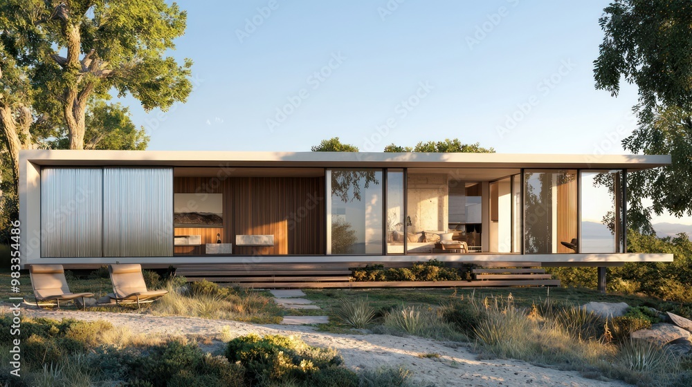 Fototapeta premium A modernist retreat home with sliding walls made from aluminum siding, allowing residents to adjust their exposure to the natural environment while maintaining a sleek, minimalist aesthetic