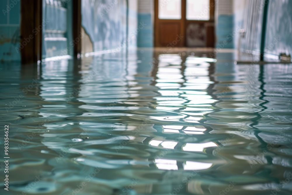 A kitchen with a sink full of water and a puddle on the floor, generative ai image A kitchen with a sink full of water and a puddle on the floor, generative ai image