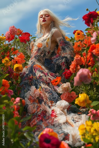 Fototapeta Naklejka Na Ścianę i Meble -  Elegant blonde woman in a long floral dress poses gracefully in a vibrant flower garden, capturing the essence of spring in impeccable haute couture fashion