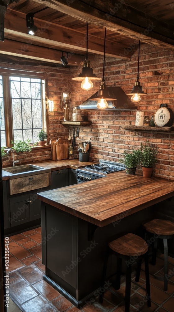 Charming Rustic Kitchen Renovation Featuring Wooden Countertops and Exposed Brick Walls. Generative AI Charming Rustic Kitchen Renovation Featuring Wooden Countertops and Exposed Brick Walls. Generative AI