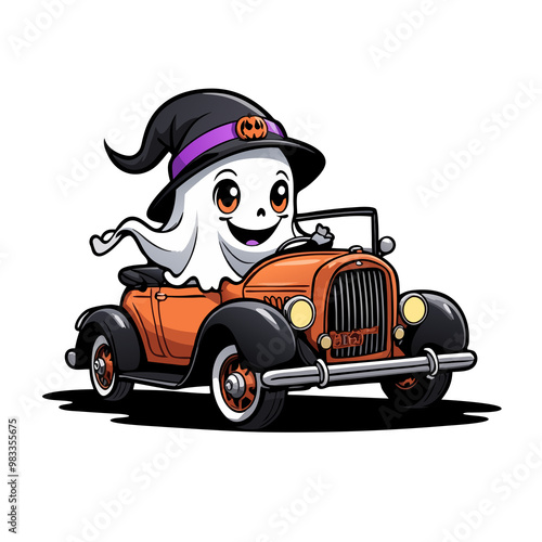  halloween graphics cute ghost in vintage old car photo