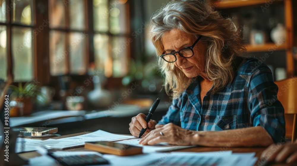 A woman with curly hair writes notes at a wooden table, surrounded by sunlight and cozy decor, showcasing creativity and focus. A woman with curly hair writes notes at a wooden table, surrounded by sunlight and cozy decor, showcasing creativity and focus.