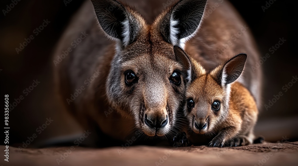 Fototapeta premium A close-up image of a kangaroo mother and her baby, showcasing their expressive eyes and soft fur, This picture can be used for wildlife presentations, educational materials