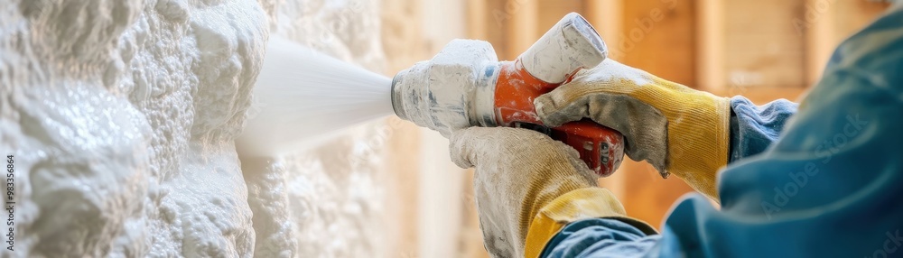 Obraz premium Insulation Worker Applying Spray Foam to Wall