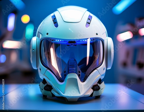 a white high-tech helmet is being placed on the table photo