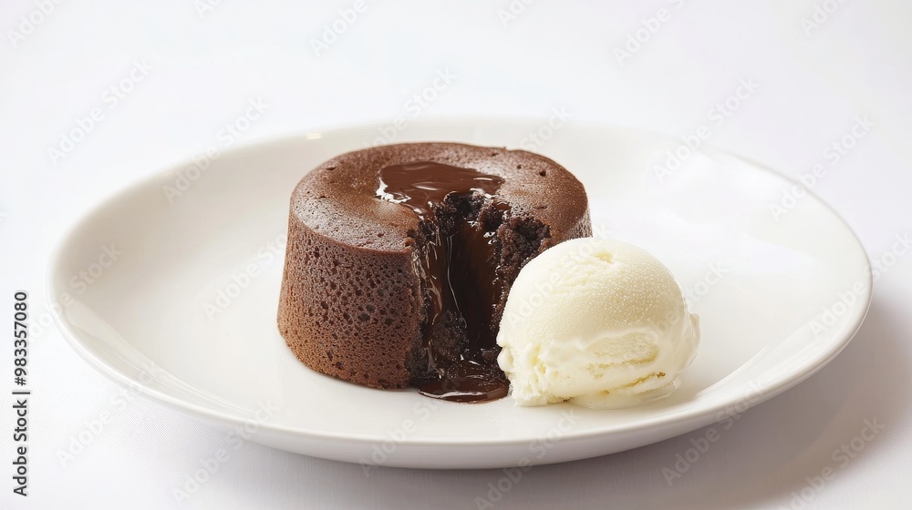 Molten chocolate lava cake with rich chocolate filling served on a white plate alongside a scoop of creamy vanilla ice cream, creating a perfect contrast between warm and cold textures Molten chocolate lava cake with rich chocolate filling served on a white plate alongside a scoop of creamy vanilla ice cream, creating a perfect contrast between warm and cold textures