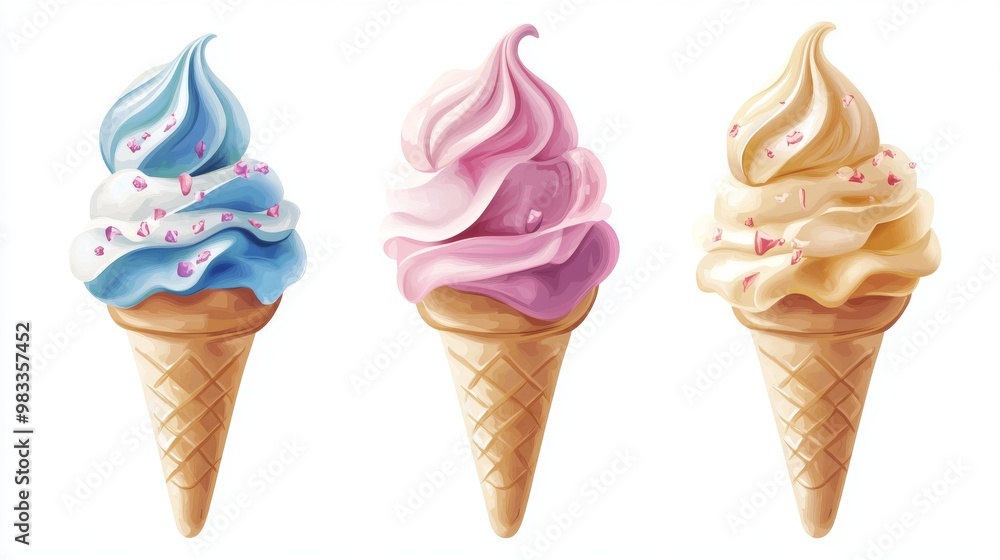 Three colorful soft-serve ice cream cones in blue, pink, and vanilla, each topped with sprinkles, displayed against a white background. The cones have a smooth, creamy texture Three colorful soft-serve ice cream cones in blue, pink, and vanilla, each topped with sprinkles, displayed against a white background. The cones have a smooth, creamy texture