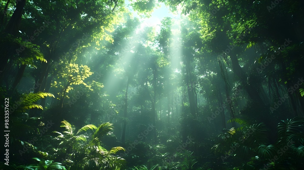 Magical forest with sunlight streaming through thick trees Magical forest with sunlight streaming through thick trees
