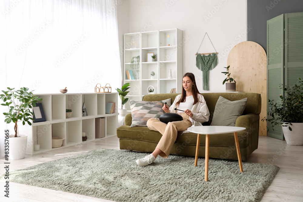 Young woman playing glucophone on green sofa at home Young woman playing glucophone on green sofa at home