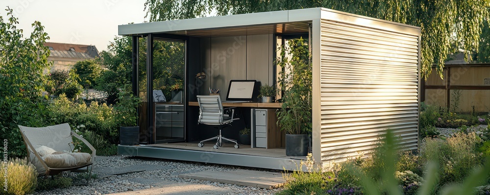 Fototapeta premium A modular, eco-friendly home office setup crafted from aluminum siding, designed to be easily assembled in any backyard or garden space