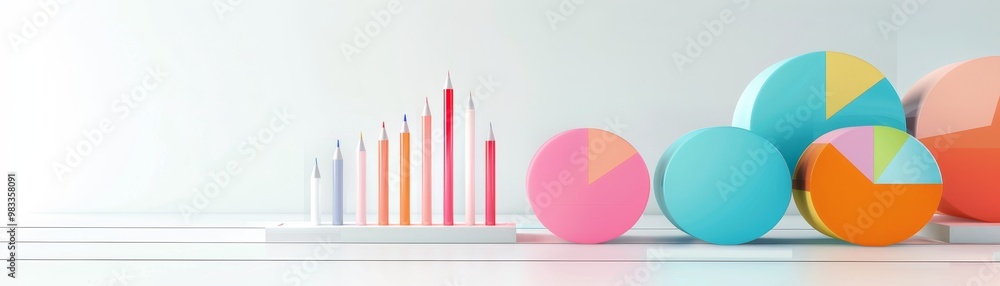 Colorful pie charts and bar graphs represent data visualization on a ...