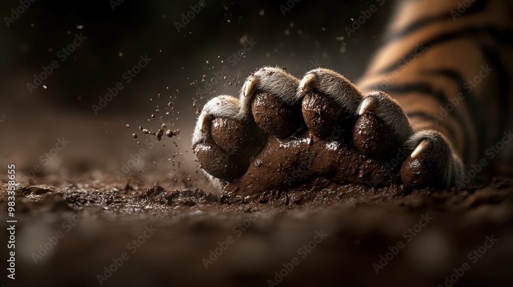 A close-up of a tiger's muddy paw, capturing intricate details in fur and claws, can be used for wildlife conservation themes, animal behavior studies, or educational materials about big cats, A close-up of a tiger's muddy paw, capturing intricate details in fur and claws, can be used for wildlife conservation themes, animal behavior studies, or educational materials about big cats,