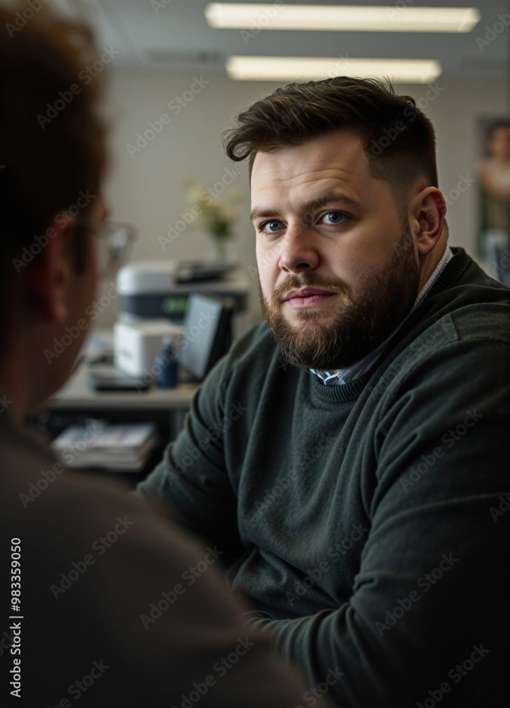 Obraz premium mentoring at the workplace, increasing knowledge through contemplation, comfortable sweater, long shot oblique angle, blurred backdrop during early afternoon
