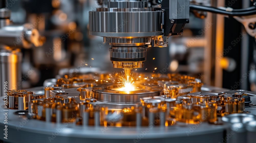 Close-up of an advanced industrial laser cutting machine operating in a high-tech manufacturing facility. Close-up of an advanced industrial laser cutting machine operating in a high-tech manufacturing facility.